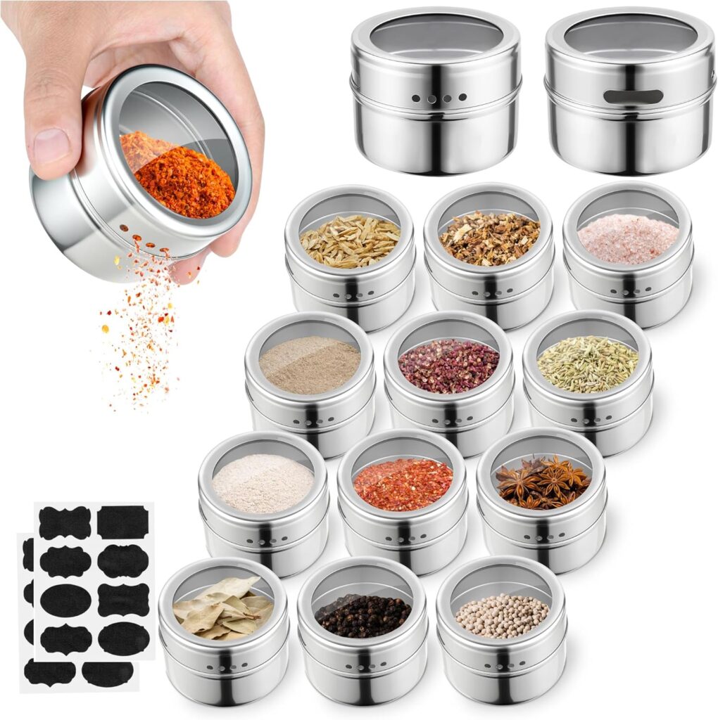 Magnetic Stainless Steel Spice Jars, 12pcs